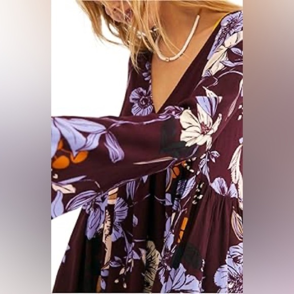 Free People Womens Bella Bell Sleeve floral V-Neck Tunic Top boho small - Picture 2 of 8